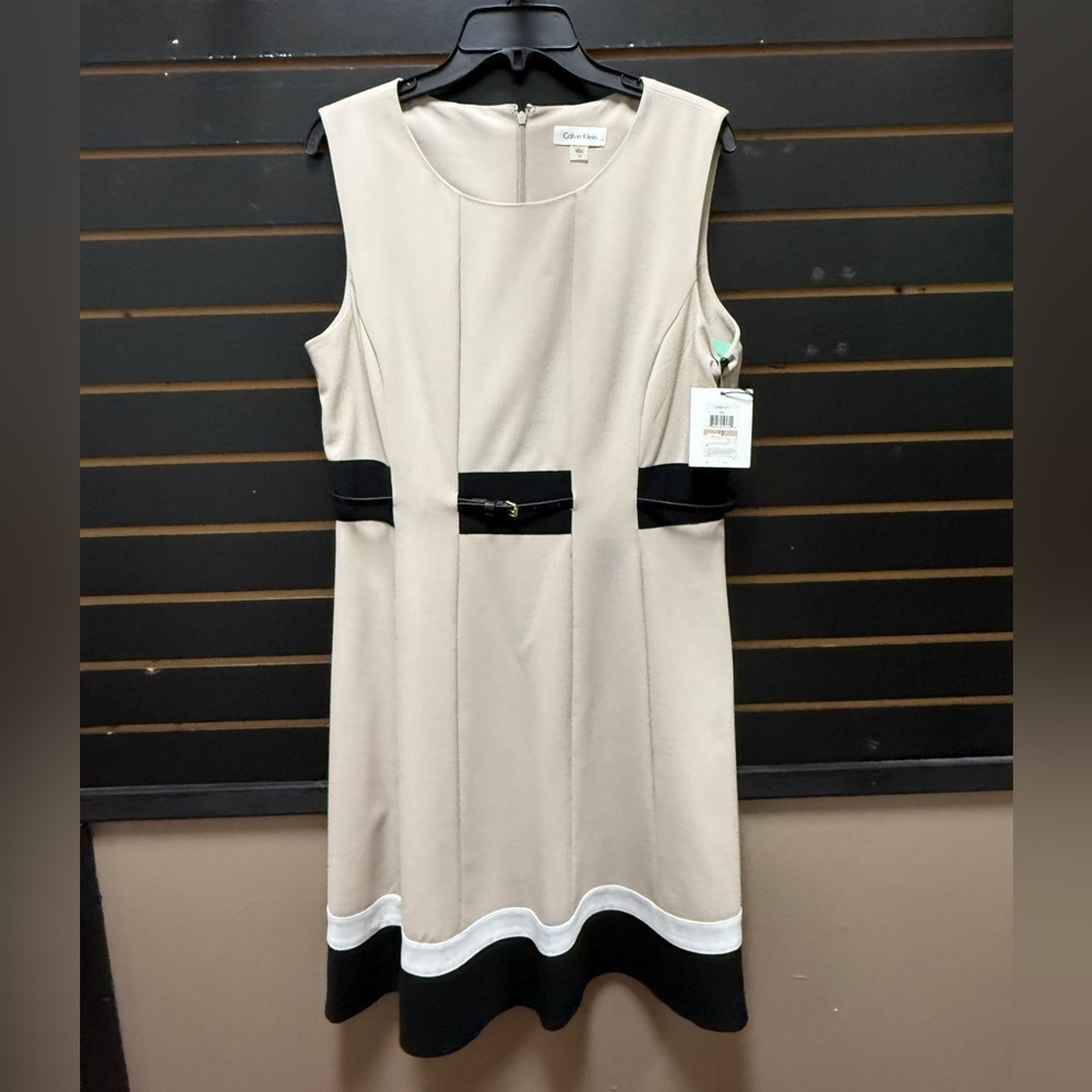 Calvin Klein Sleeveless Sheath Dress Beige Black White Trim Belted Size 12 NWT
